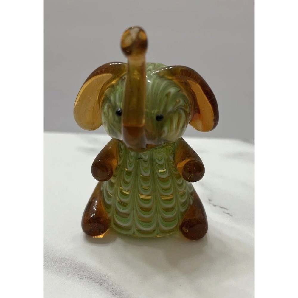 Vtg Lenox Handcrafted Glass Elephant Figurine Amber Green Swirl 2.5" Trunk Up
